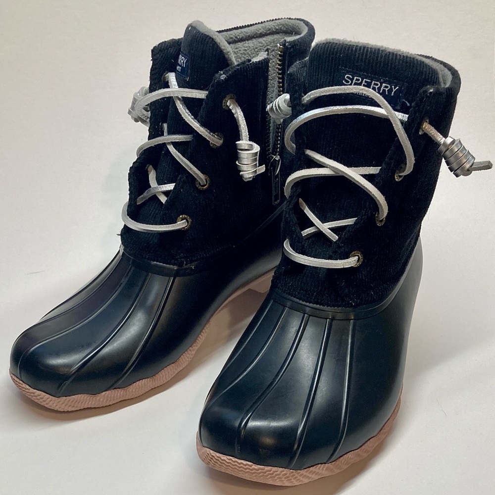 Sperry Black Corduroy with Pink Sole Duck Boot